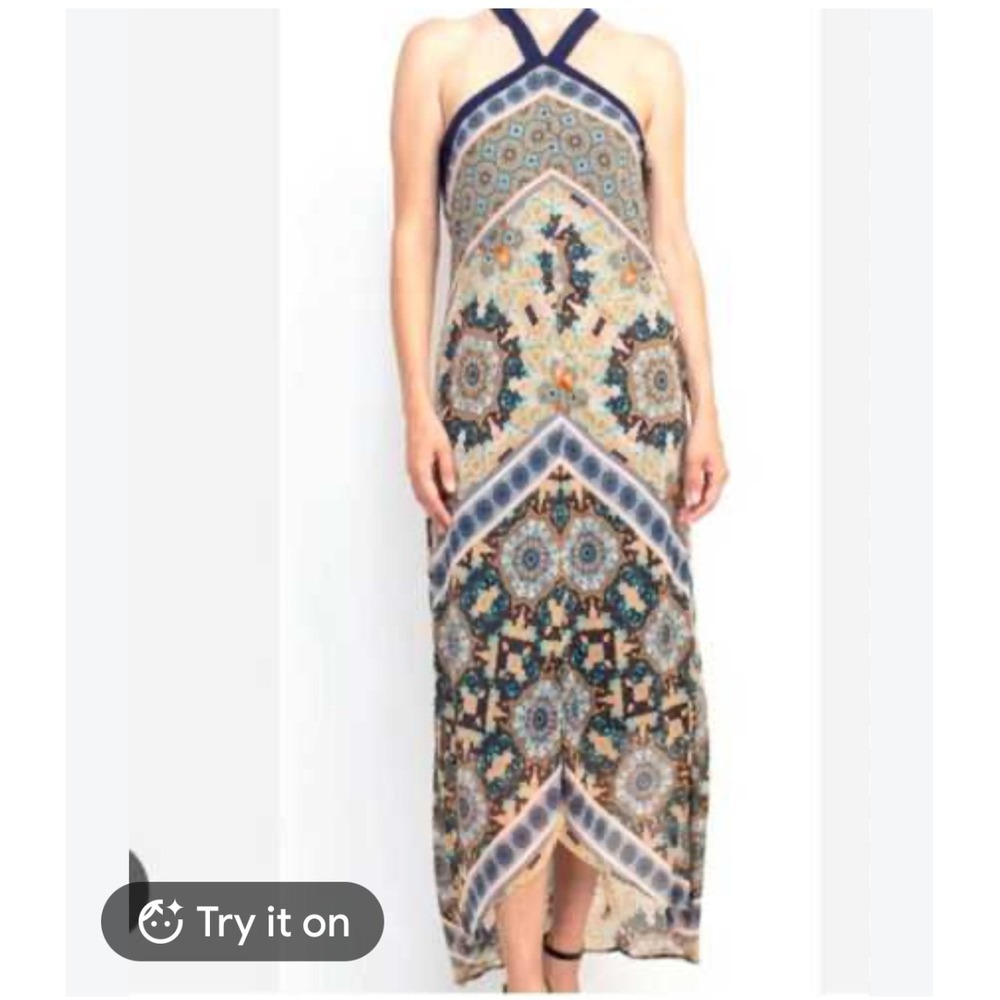 Emma and Michele Halter Maxi Dress Navy Orange Medallion Boho Tulip Hem Sz 6